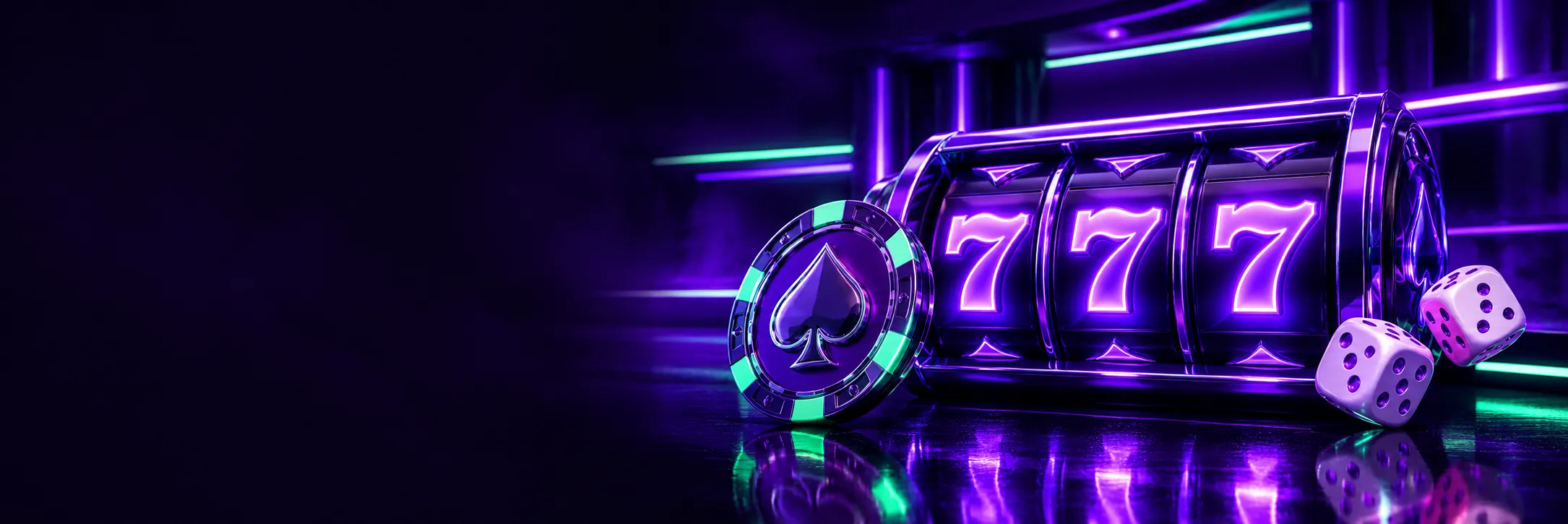 Glowing violet slot reels, a spade-shaped casino chip and scattered dice on a dark neon table