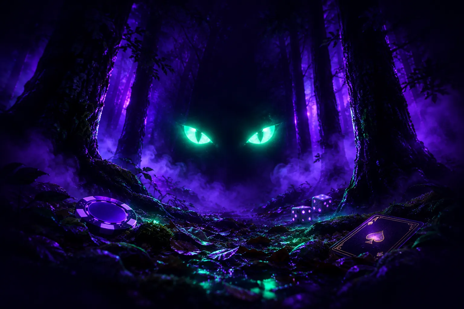 Win Beast welcome pack: a dark violet forest at night with glowing mint eyes between the trees